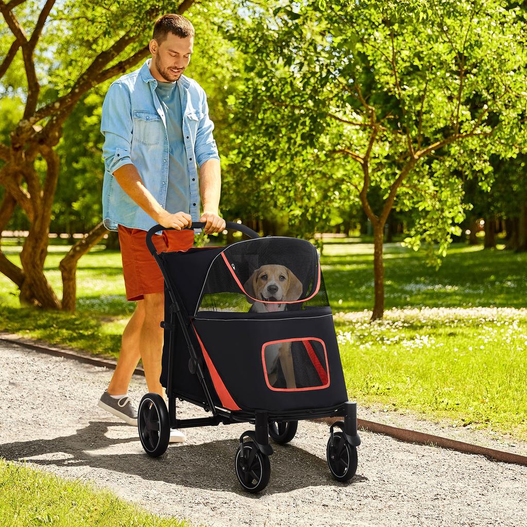 Folding Dog Stroller with Zippered Entrances and Mesh Windows, 112x65x100 cm, Red and Black