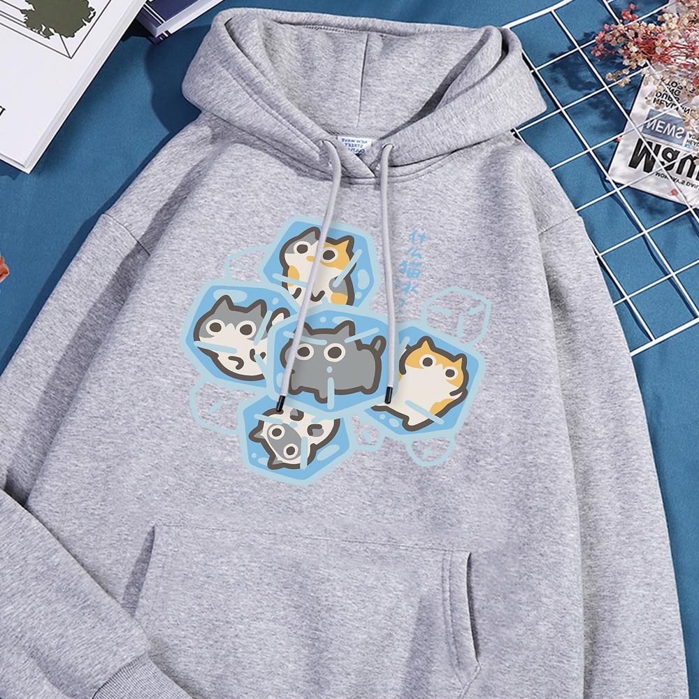 Толстовка с капюшоном Ice Cat Fun Cartoons Cats для мужчин и женщин в стиле Харадзюку, повседневная одежда, свободный свитер в стиле Streetwear, толстовки с капюшоном