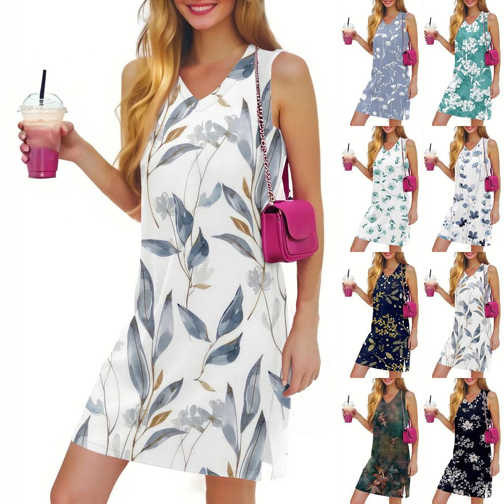 V-Neck Summer Casual Beach Dress For Women Vacation Women's Sleeveless Sundress With Split