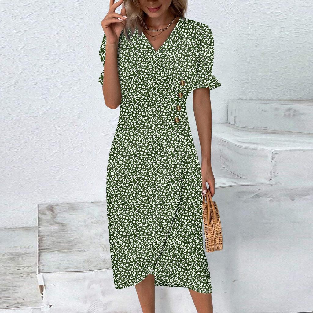 Beach Dresses For Women Spring Summer Elegant Wrap V Neck Floral Boho Dress Flowy Ruched Hawaiian Maxi Dress