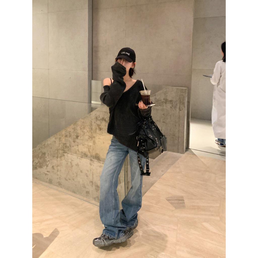 SUNONEONE Women's Blue Wide-Leg Jeans - Autumn/Winter Loose Fit Trousers