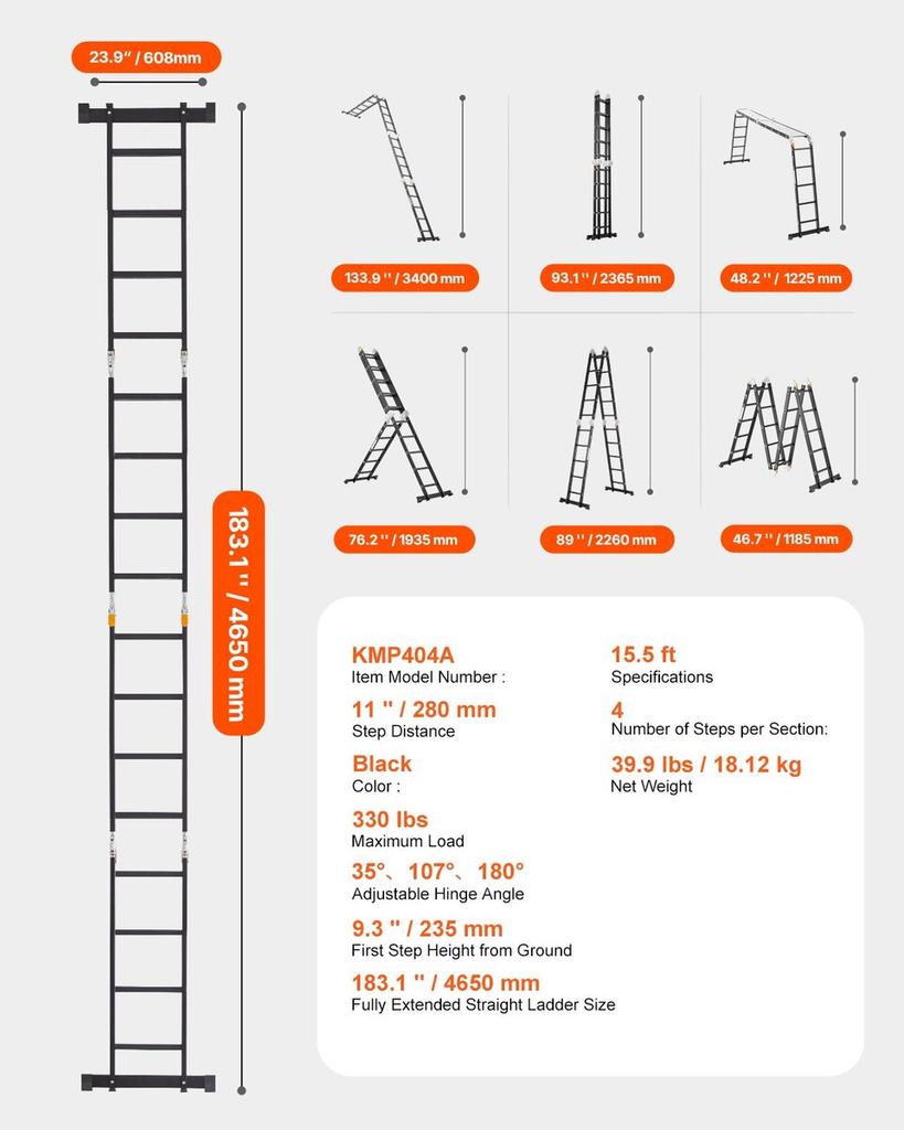 Multi-Purpose Folding Ladder 7-in-1 4 Step 15.5ft with Scaffolding Plank