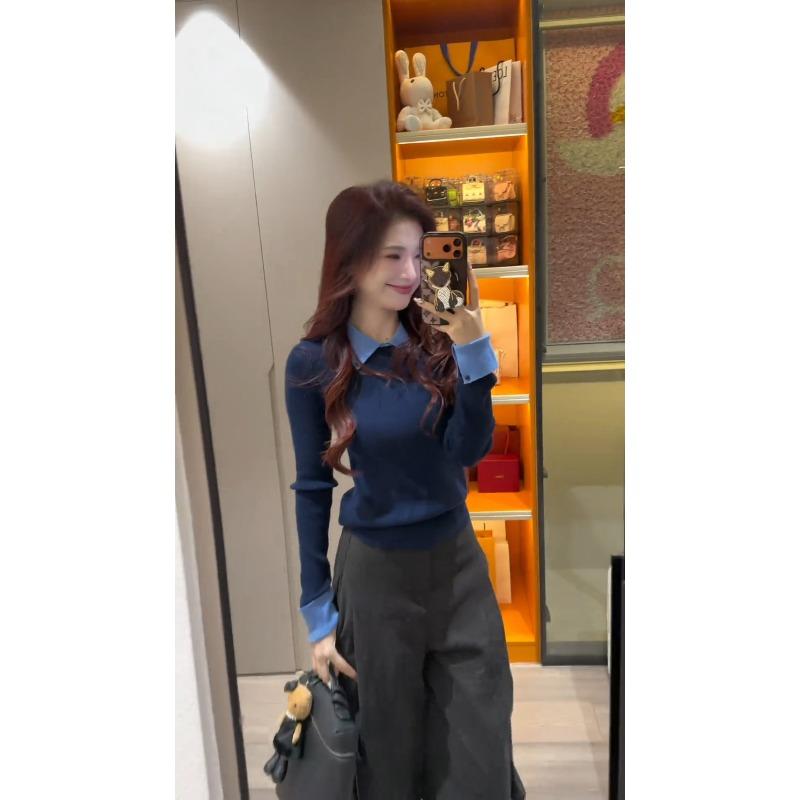 Высококачественный вязаный свитер с контрастным воротником и лацканами, осенне-зимний топ, приталенный крой, плечо-реглан, женский мягкий ворсистый свитер с длинным рукавом