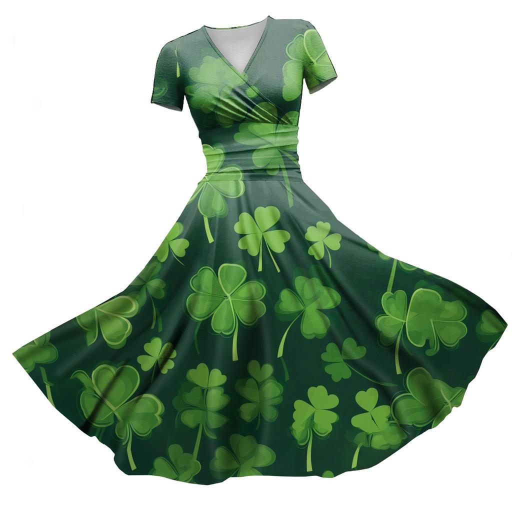 Ladies Princess Dress Sexy V-neck St. Patrick's Day Printed Waist Pulled Ruffle Short Sleeve Dress