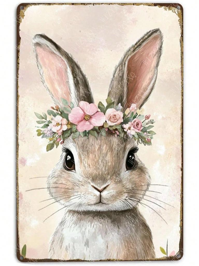 SpringThemed Tin Sign Funny Rabbit Easter Metal Wall Decor for Office Bedroom Farmhouse Kitchen Cafe Living Room Courtyard