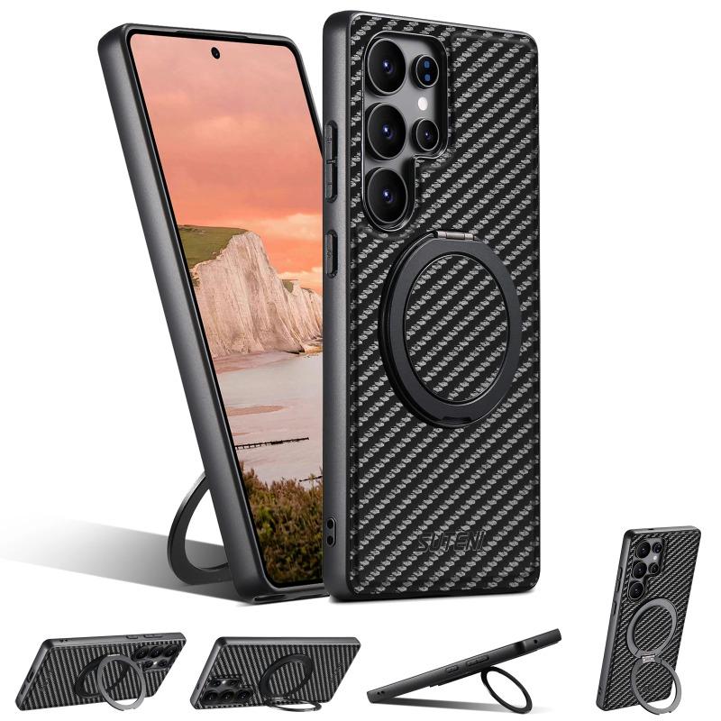 Для Samsung S25 Ultra Кожаный чехол из углеродного волокна с поддержкой беспроводной зарядки Для Galaxy S24 Plus S23 360-градусный вращающийся кронштейн Магнитная крышка