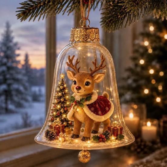 Holiday Home Atmosphere Enhancements 3D Christmas Bell Ornament, Winter Scene Clear Decoration with Santa Immersive Wonderland Ornaments Snowman