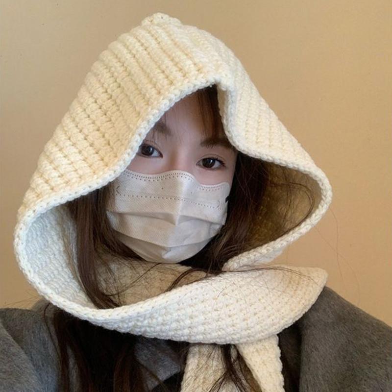 Autumn Winter Knitted Hat with Integrated Scarf Hooded Wool Cap Warm Ear Protection Shawl