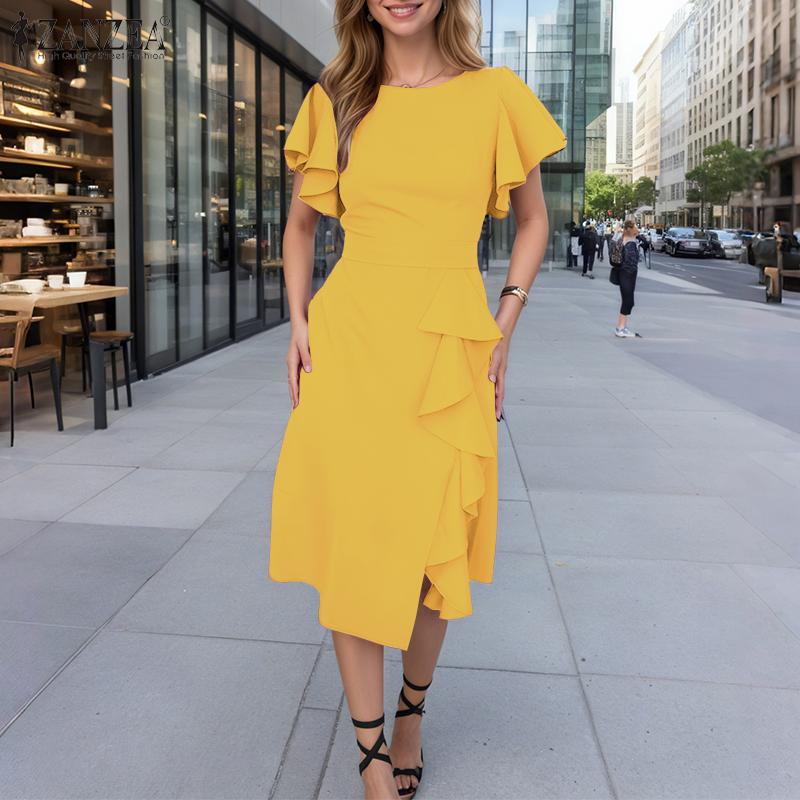 ZANZEA Женское повседневное платье с круглым вырезом, оборками и летними короткими рукавами