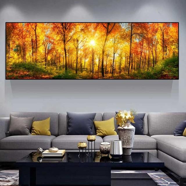 Пейзаж Зеленый Желтый Лес Дерево Холст Картина Солнечный свет Плакаты и принты Настенные Панно Гостиная Домашний Декор Без Рамки