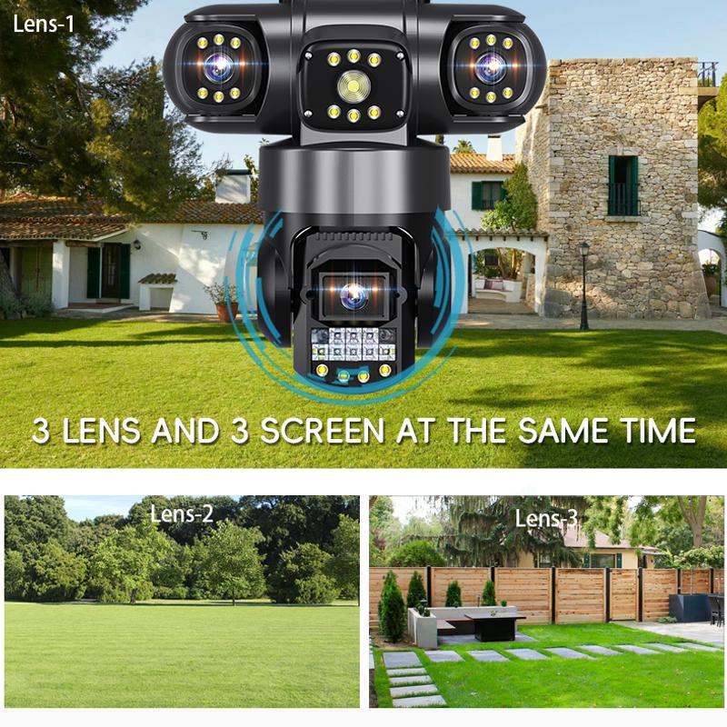 WIFI IP 8K 15MP HD Three Lens PTZ Outdoor Motion Detection Security Camera Waterproof Surveillance CCTV V380