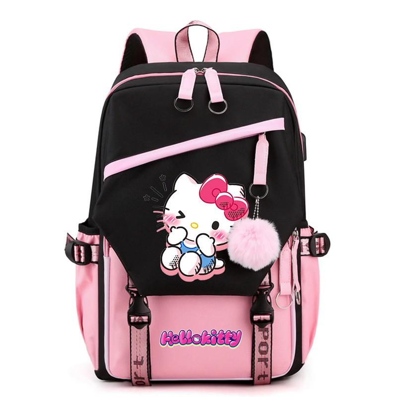 Kitty Cartoon School Backpack Teen Girls Kids Lightweight Oxford Fabric Bookbag With Padded Shoulder Straps 20-35L Capacity