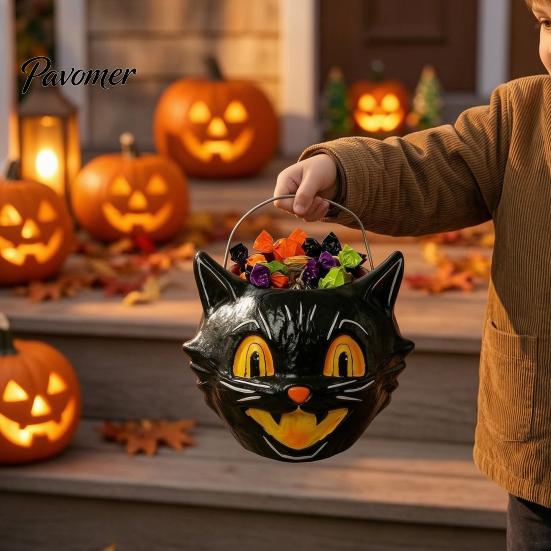 Черная кошка Фигурка Хранение Хэллоуин Летучая мышь Конфетница с металлической ручкой, Декоративный поднос Подарок для энтузиастов Вечеринка Trick or Treat Принадлежности,