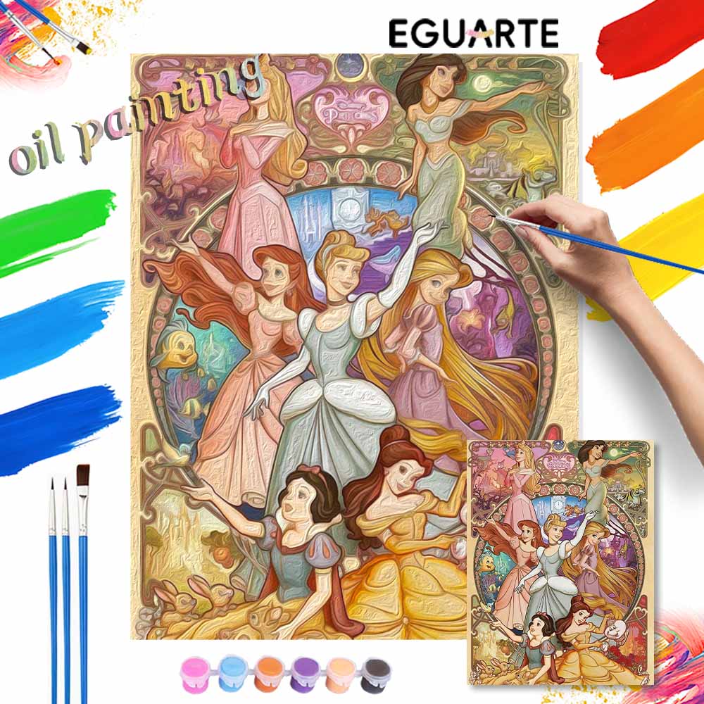 Disney Oil Painting DIY Digital Painting Classic Princesses Group Portrait HandPainted Wall Art for Living Room and Entryway.