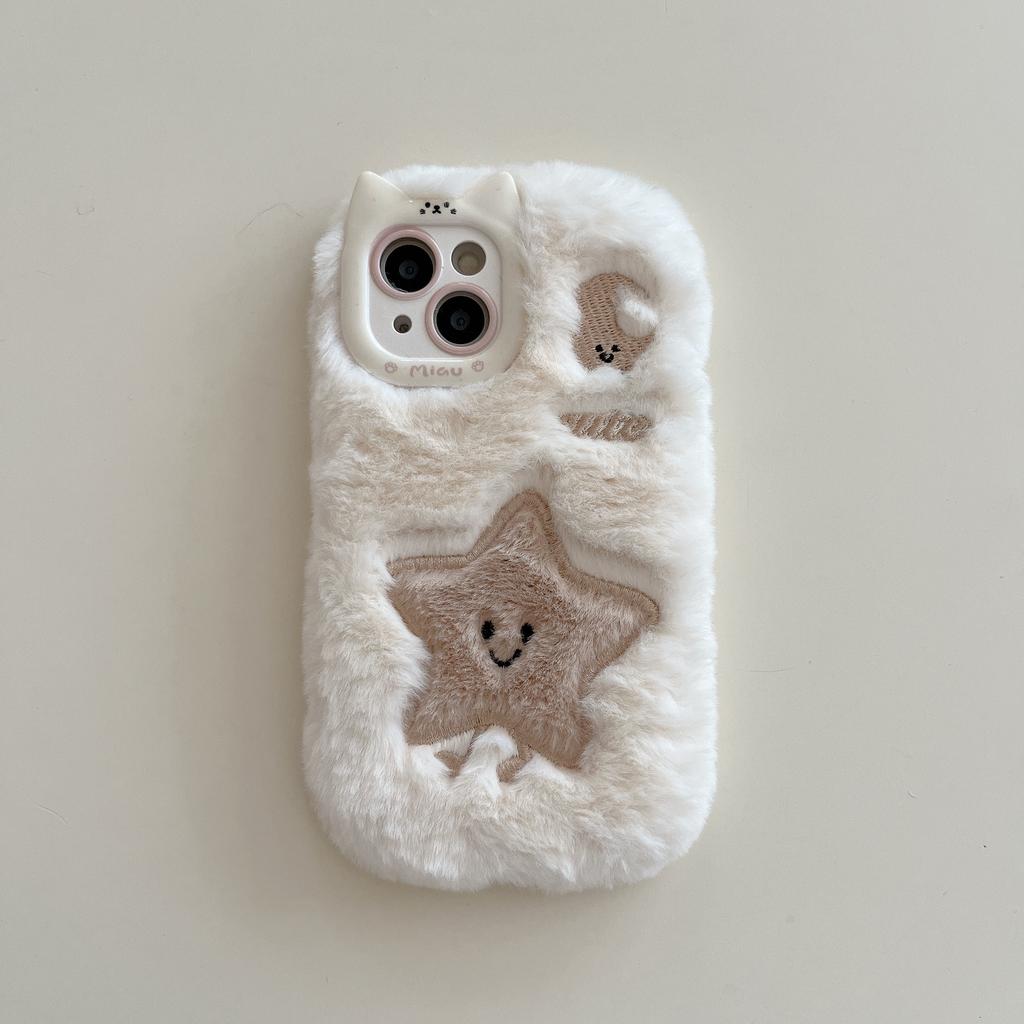 New Cat Ear Embroidery Star Moon Plush Phone Case iPhone Phone Accessories for Girls for iPhone 11 12 13 14 15 16 Pro Max