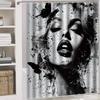 Artistic Female Portrait Shower Curtain Black Ink Splatter Butterflies Bold Design Bathroom Decor 3D Print Waterproof Bath