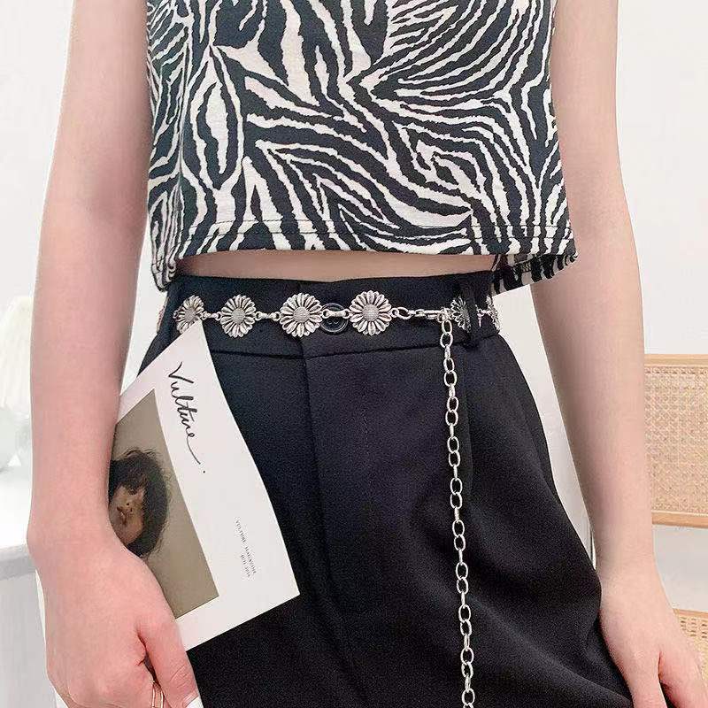 Европейская и американская поясная цепочка Женская летняя универсальная в стиле инс с платьем, джинсами, трендовая декоративная металлическая цепочка, пояс с цветком