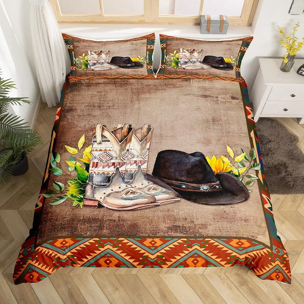 Пододеяльник в стиле вестерн-ковбой, комплект постельного белья Twin King Cowboy Boots Hat Floral Exotic Farmhouse Cowboys Patchwork