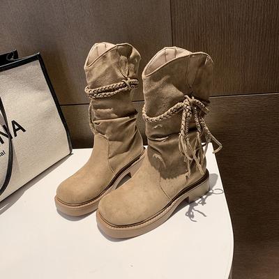 Женские ботинки на платформе, ретро ветер, рыцарские ботинки, 2025 осень, новые, мягкая кожа, матовые, с бахромой, пеньковая веревка, толстый каблук, полусапоги