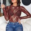 Женские топы с воротником-стойкой, длинными рукавами, облегающие блузки, сексуальные прозрачные сетчатые рубашки с цветочной вышивкой