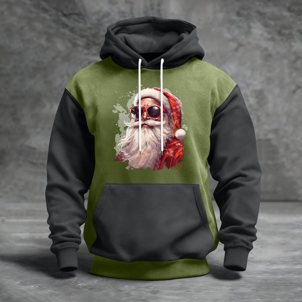 Мужской рождественский свитшот с капюшоном, повседневный, спортивный, удобный, с цветными блоками и принтом