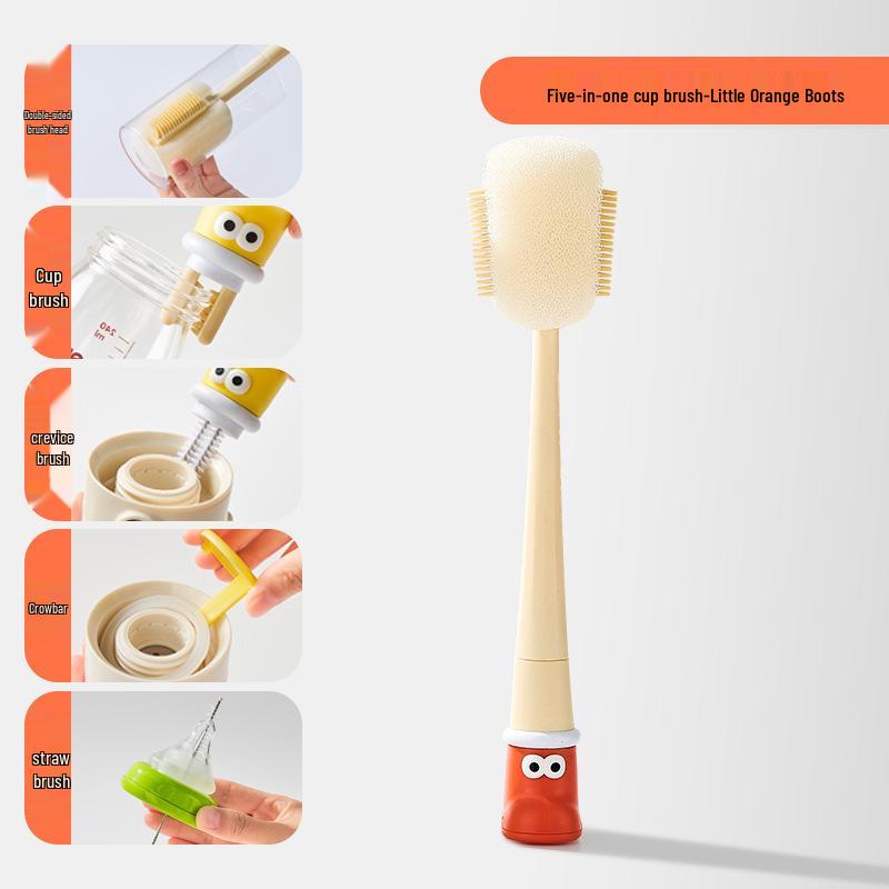 Five-in-One Long Handle Brush Set: Multi-functional for Small Boots, Insulated Cups, Baby Bottles, and Cleaning Sponges.