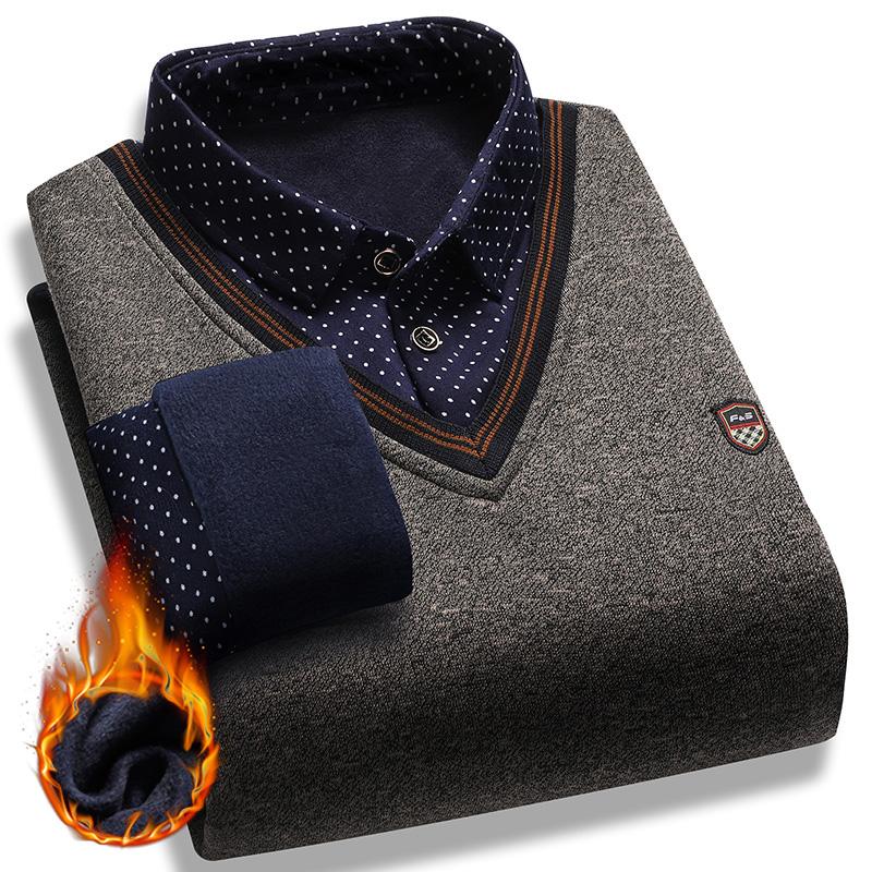 Мужской плюшевый свитер осень-зима пуловер с эффектом двухслойности воротник поло флис толстый теплый топ одежда повседневные джемперы