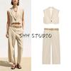 Linen Blend Lapel Sleeveless Short Vest 2406998 with Belt High Waist Wide Leg Pants 3584998