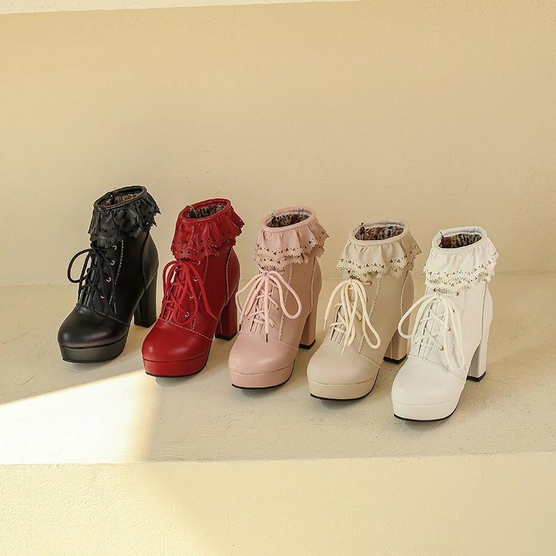 Модные осенне-зимние женские ботинки Лолита, японские милые туфли из искусственной кожи, с оборкой и шнуровкой, принцесса Лолита косплей, ботинки до середины икры