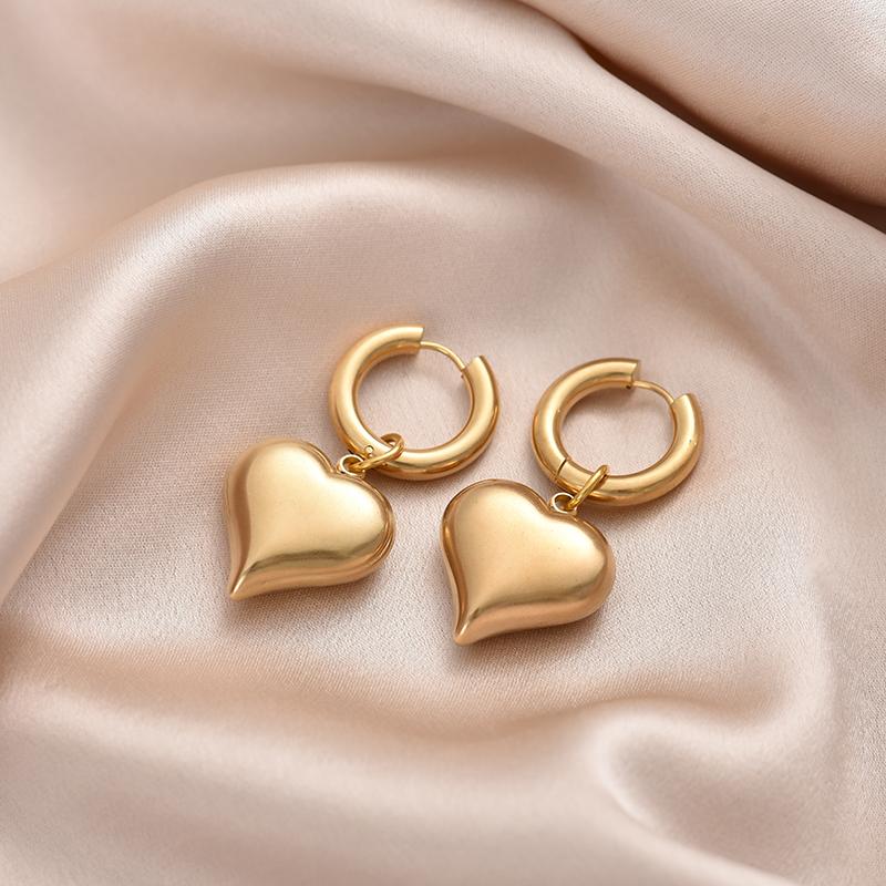 Classic Stainless Steel Heart Pendant Round Hoop Earrings For Women Gold Silver Color Big Statement Female Jewelry Earrings Gift