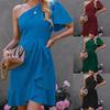 Summer New Sexy Solid Color Ruffle Edge Oblique Shoulder Single Side Sleeve Dress