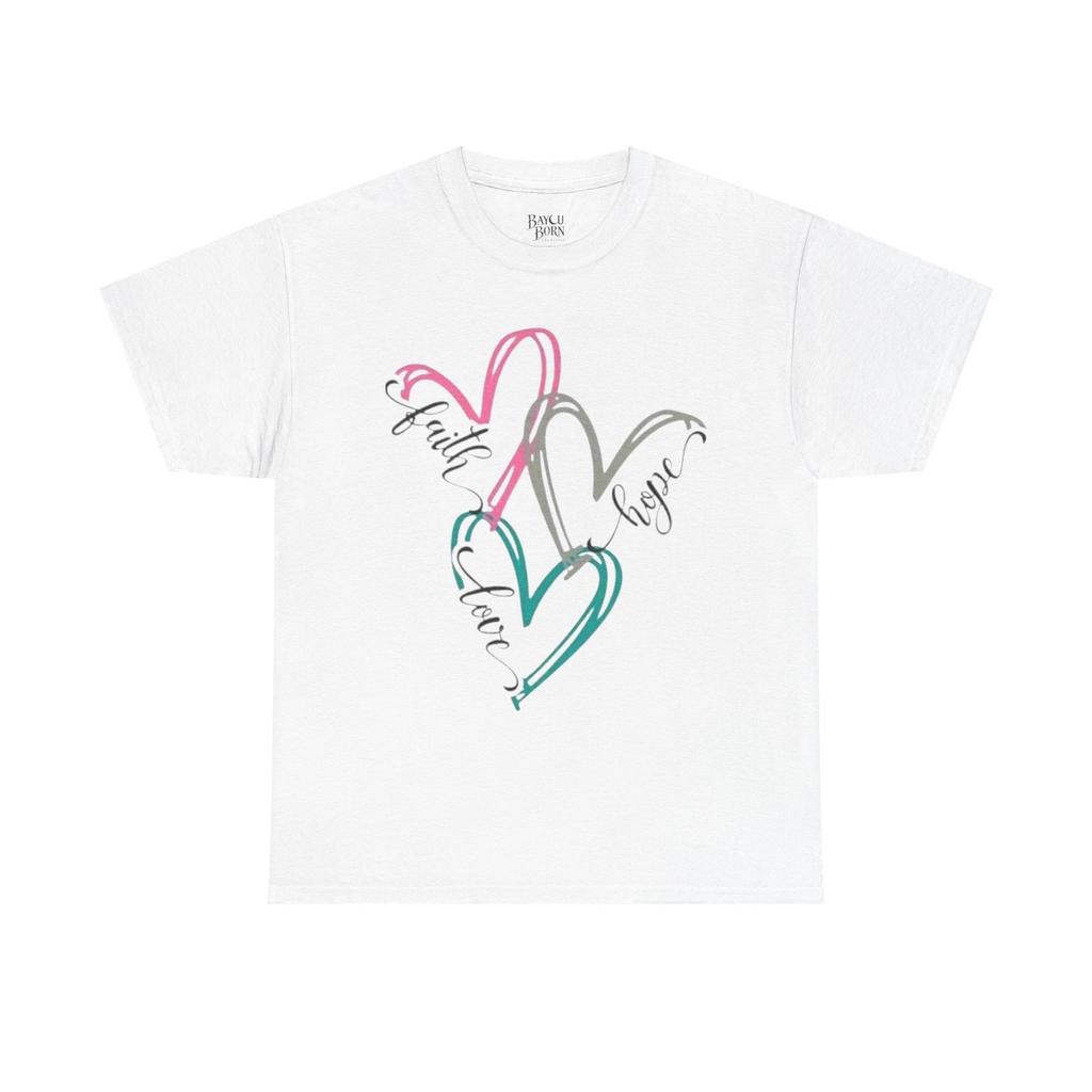 Faith Hope Love hearts T-Shirt | Script heart trio design