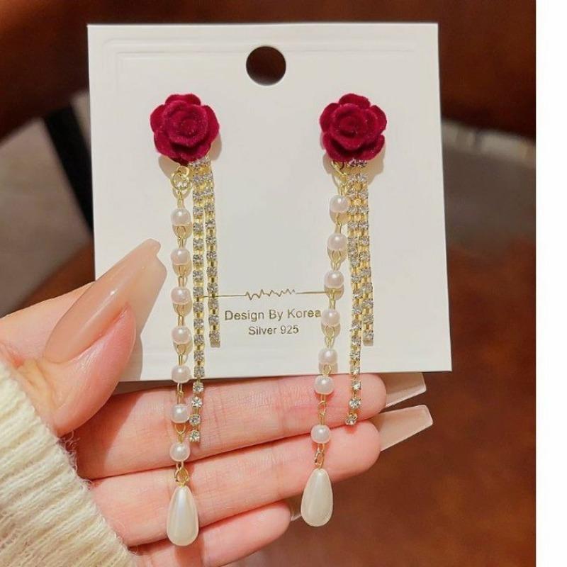 Sel Dangle Earrings Simple Red Rose Pearl Sweet Jewelry Shiny Rhinestone Bow Korean Style Earrings Female