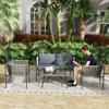 4-Piece Garden Furniture Set, 1 Sofa, 2 Armchairs, 1 Table with Glass Top, Cushions, Steel Frame, Plastic Rattan, Gray