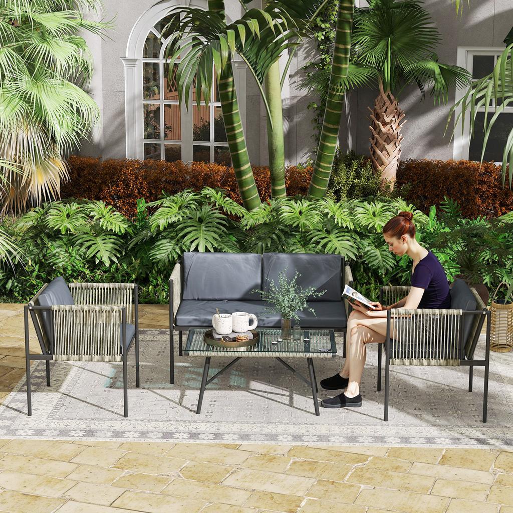 4-Piece Garden Furniture Set, 1 Sofa, 2 Armchairs, 1 Table with Glass Top, Cushions, Steel Frame, Plastic Rattan, Gray