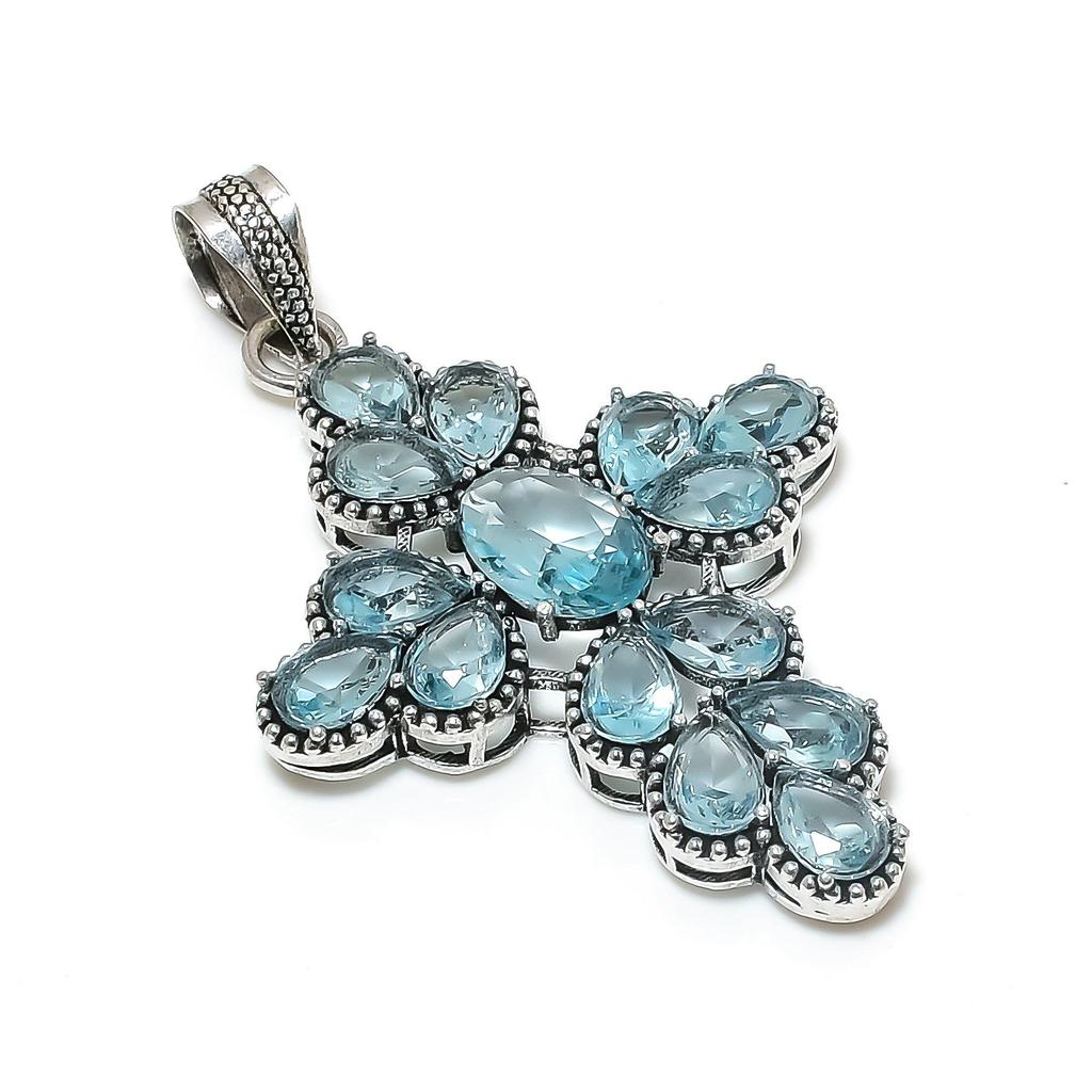 Удивительный серебряный крест с драгоценным камнем из голубого топаза из стерлингового серебра 925 пробы - дизайн груши ручной работы, повседневная одежда, праздничный наряд, подарок