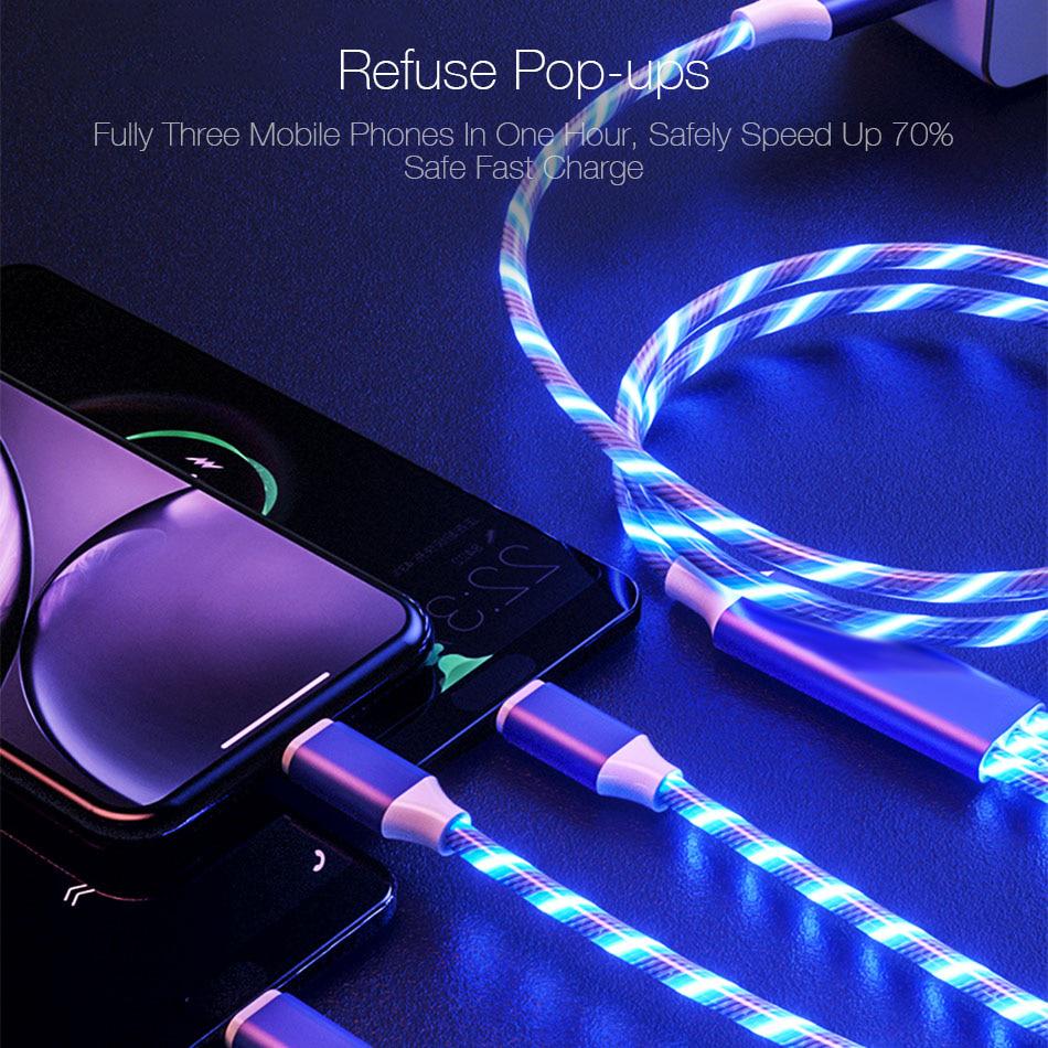 1,2 м 3 в 1 USB-кабель для зарядного устройства для мобильного телефона Micro USB Type C Зарядный кабель для iPhone Зарядный светящийся светодиодный светящийся шнур для передачи данных