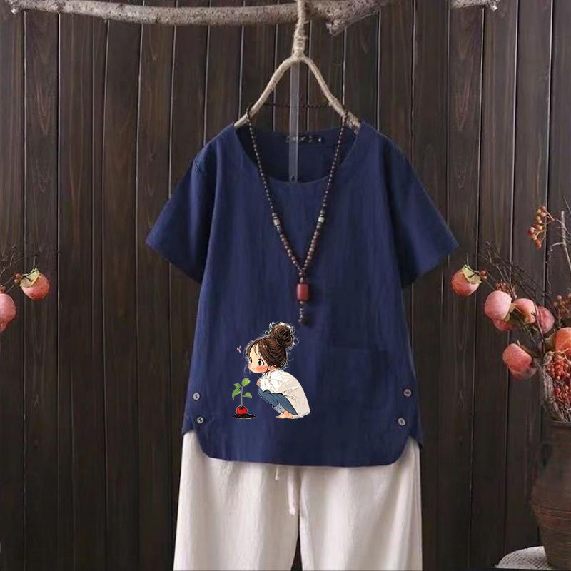 Женская льняная рубашка с круглым вырезом, летняя футболка с графическим принтом, художественный принт, S-4XL