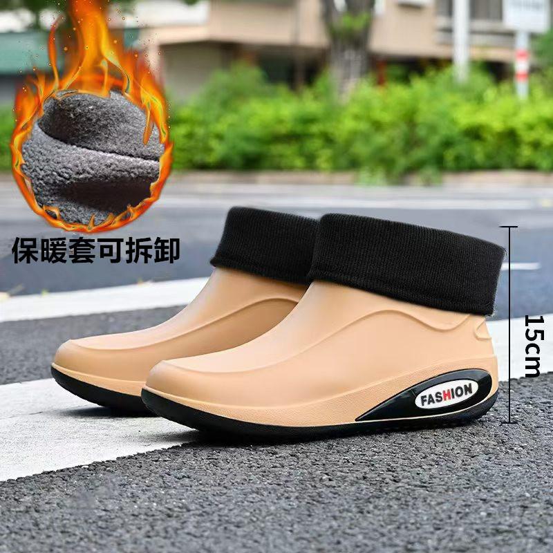 Зимние фиксированные бархатные теплые водонепроницаемые клеевые туфли модные мужские короткие дождевые туфли вейдерсы короткие ботинки уличные мужские резиновые сапоги теплые хлопковые туфли