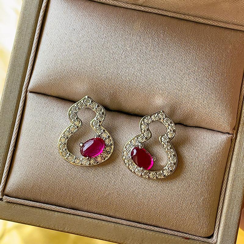 Серьги-гвоздики из тыквы с цирконием, ожерелье, изумруд, голубиная кровь, красная цепочка на ключицу, серебряная игла 925 пробы, женский национальный стиль