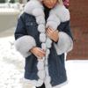 Winter Women Denim Jacket Faux Fur Trim Long Sleeves Color Matching Pockets Cold-proof Mid Length Windproof Outdoor Warm Coat