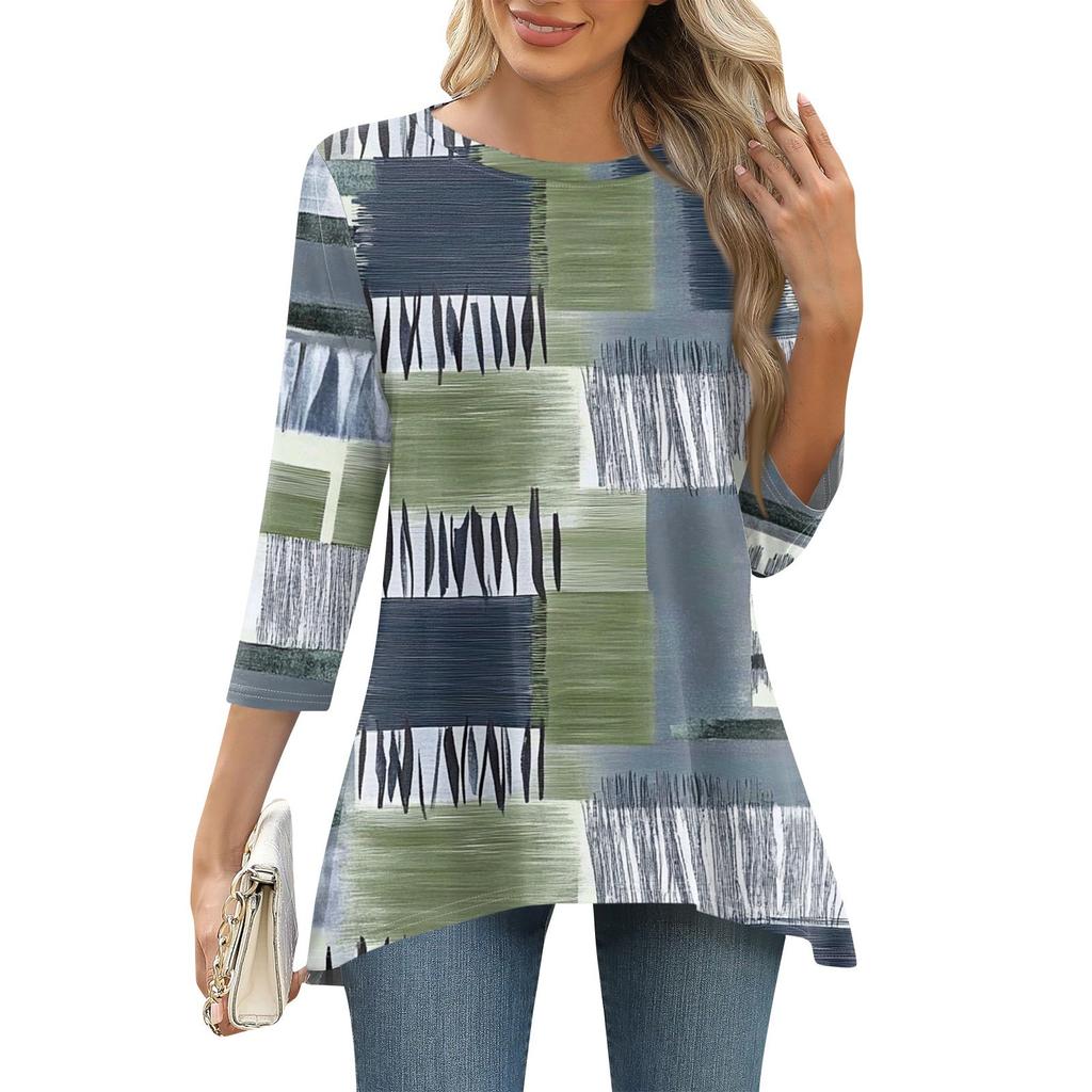 3/4 рукав туника топы для женщин принтованный повседневный выходной свободный крой модная базовая футболка с круглым вырезом