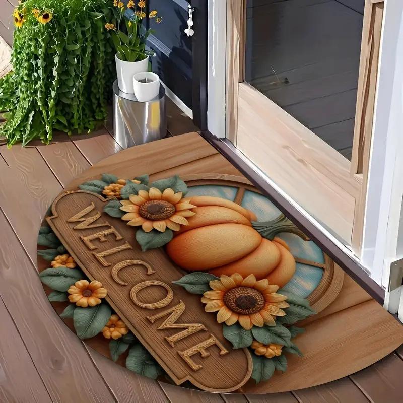 VIKAMA Autumn Thanksgiving Half-Circle Floor Mat - Maple Leaf Pumpkin - Indoor and Outdoor Entrance Door Mat for Home Decoration