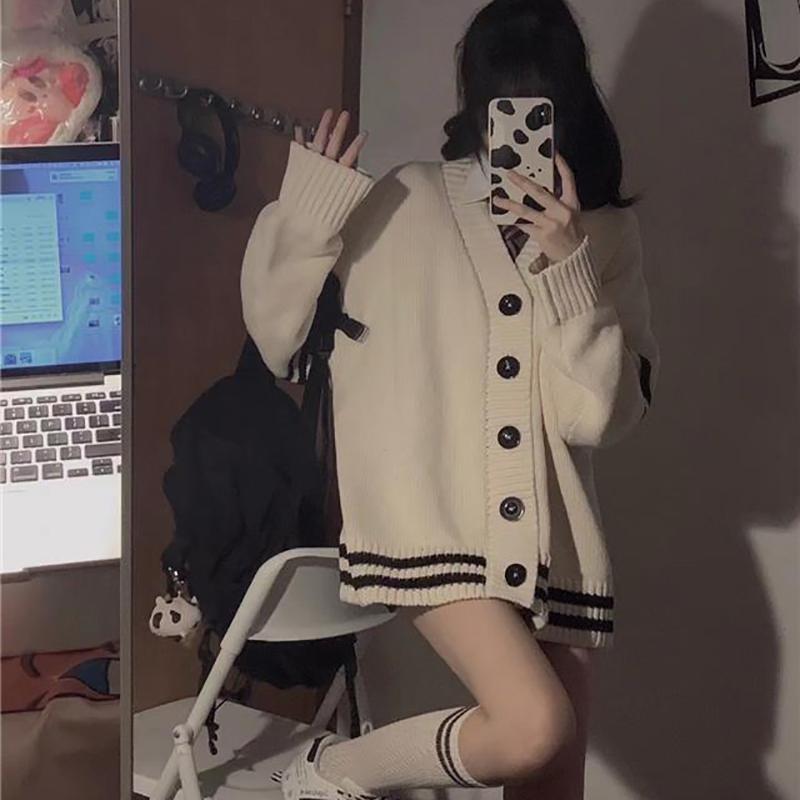Striped Loose Cardigan Women Vintage Autumn Winter Single Breasted Sweater Streetwear Casual Korean Female Knitted Coat
