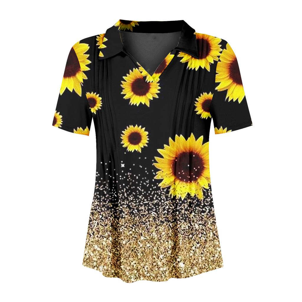 Women's Pleated V-neck Short Sleeved Sunflower Print T-shirt Business Casual Shirt