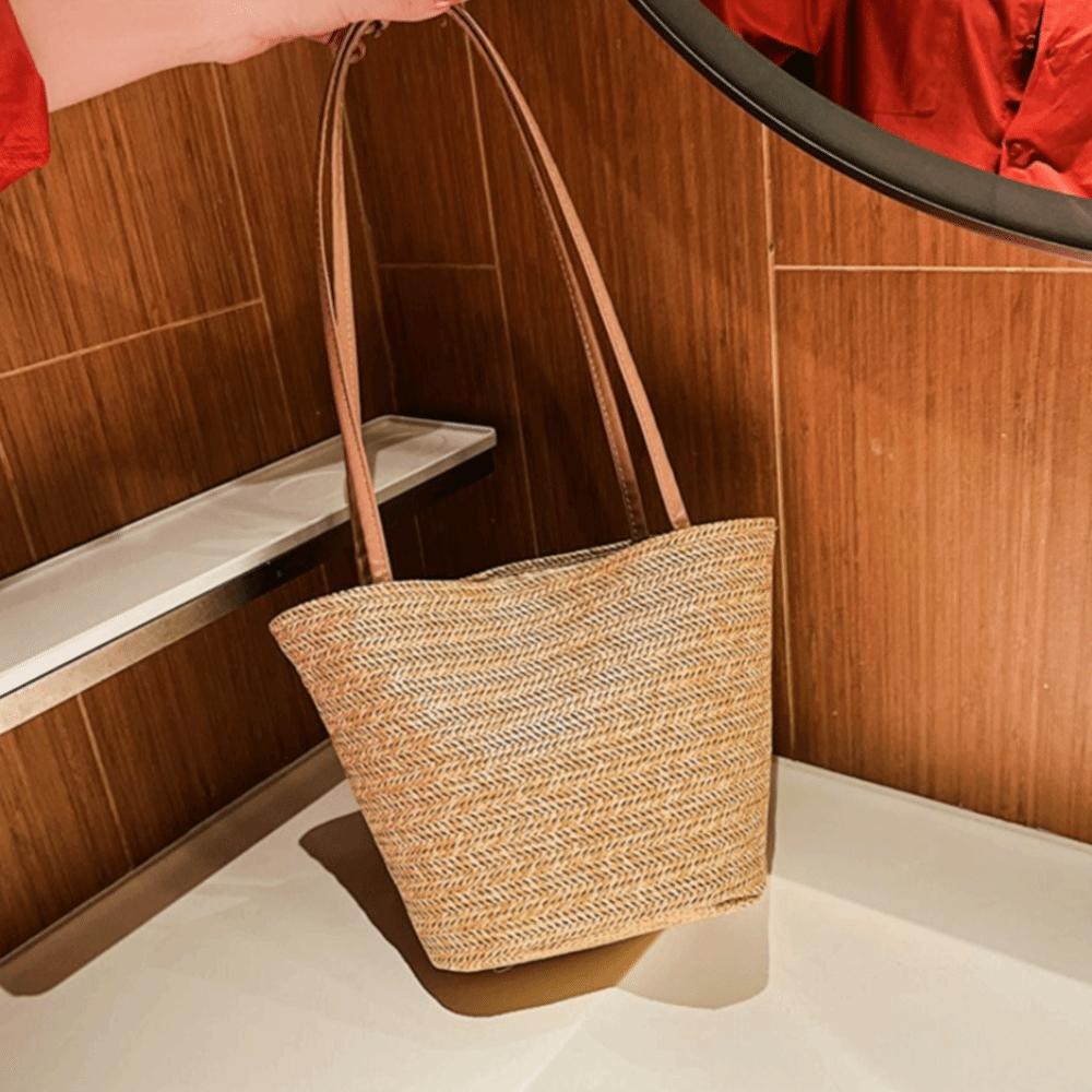 Woven Straw Bucket Bag Solid Color Shoulder Bag Portable Summer Beach Tote Streetwear