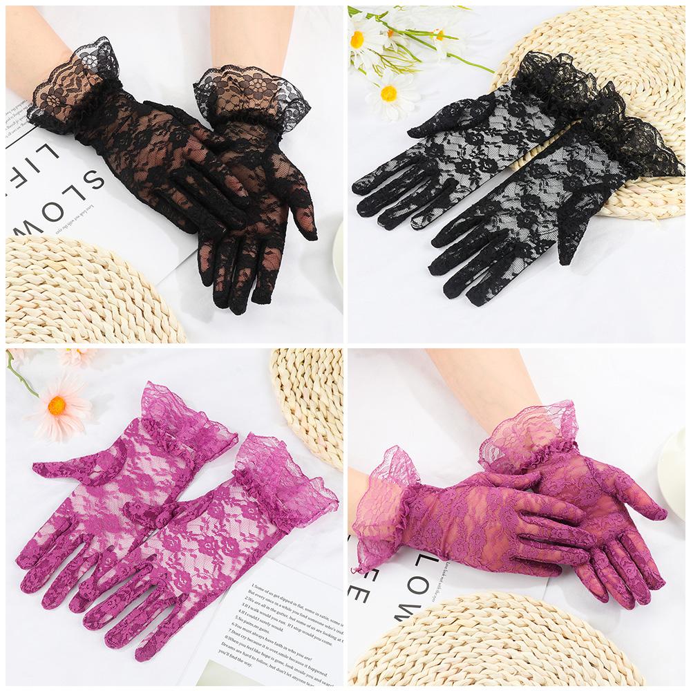 UV Protection Mittens Lace Gloves White Bride Gloves Rose Flower Pattern Party Dressy Gloves