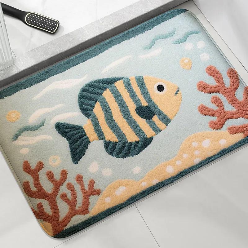 Kawaii Sea Turtle Bath Mat, Soft Flannel Non-Slip Floor Mat for Bathroom Shower, Ocean Decor Carpet Home Decoration