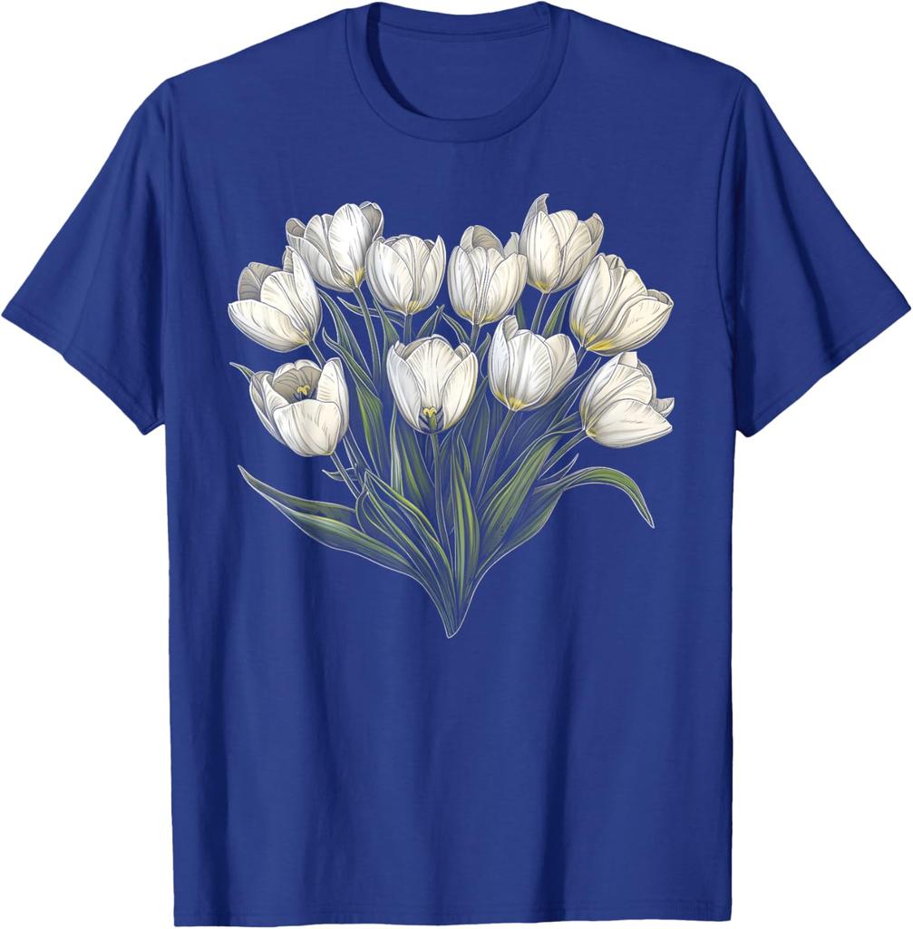 White Tulip Bouquet Floral Graphic Tee Men Casual Round Neck Short Sleeve T-Shirt Daily Wear