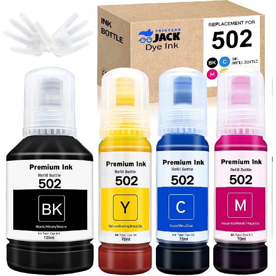 Printers Jack Compatible 502 T502 Refill Ink Bottles Replacement for EcoTank ET-2750 ET-3750 ET-4750 ET-2760 ET-3760 ET-4760 ET-2700 ET-3700 ET-3710